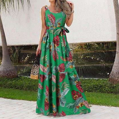 Summer Flower Print Sleeveless Long Dresses Vacation Style Dress O Neck High Waist Leace-up Maxi Vestidos