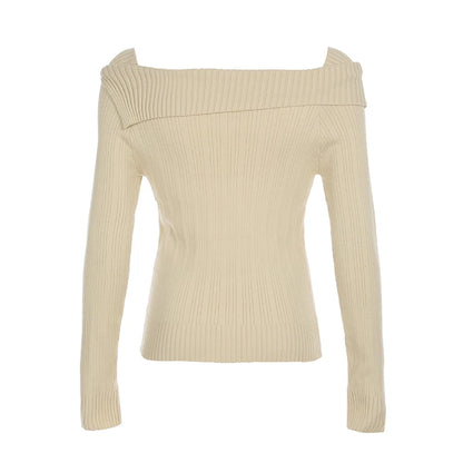 White Autumn Winter New Sweater Long Sleeve Y2k Retro Heart Print Top Off Shoulder Hotsweet Slim Pullovers