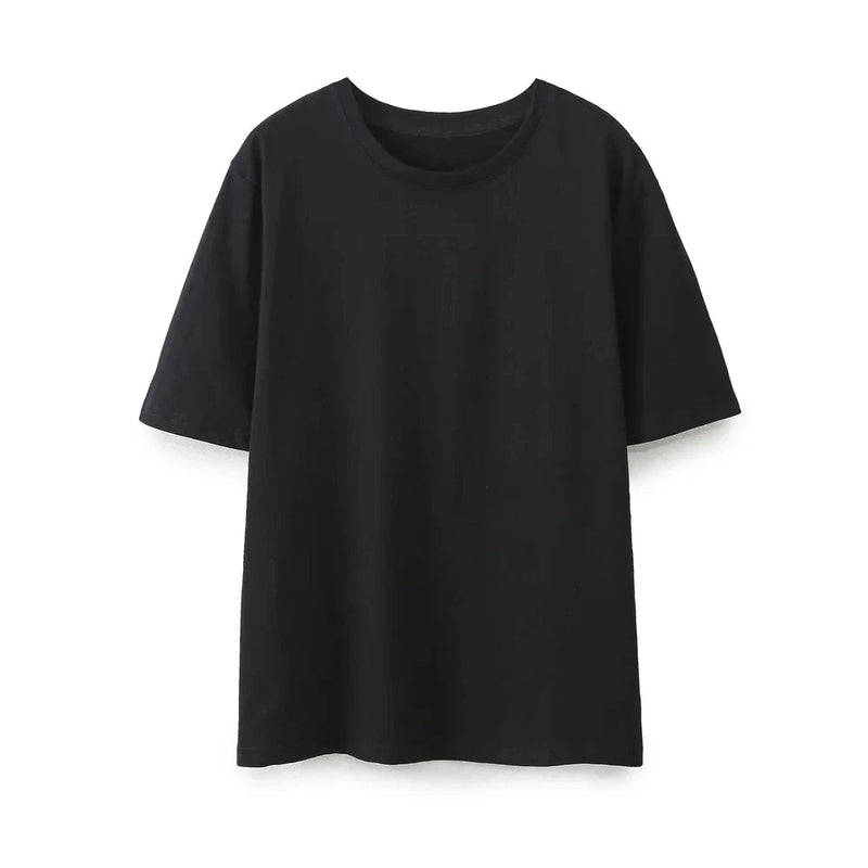 Summer Basic Round Neck Cotton Tshirt Set Short Sleeves Top Female Loose Laceup Straight Leg Pants