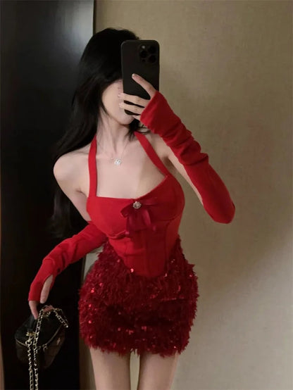 Party Mini Dresses Tassel Patchwork Sequins Halter Sleeveless Slim Bow Backless Clubwear