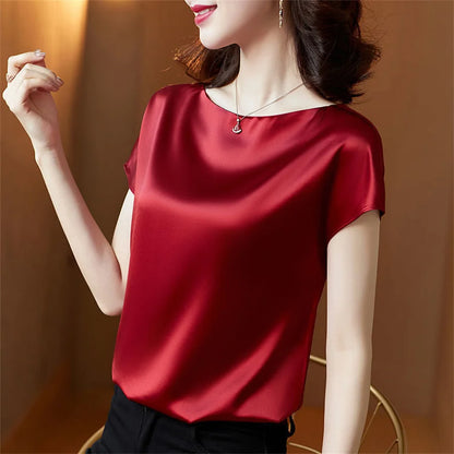 Office Lady Tops Summer Short Sleeve O-neck Blouses Satin Blouse Shirts Simple Loose Shirt Blusas Df4904