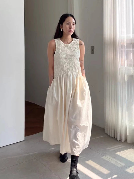 Long Dress Korean Summer Design Round Neck Pleated Texture Slim Fit Sleeveless Vest Vestidos