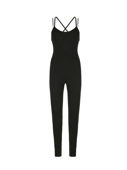 Cross Backless Cut Out Skinny Sleeveless Black Rompers Jumpsuit Sportswear