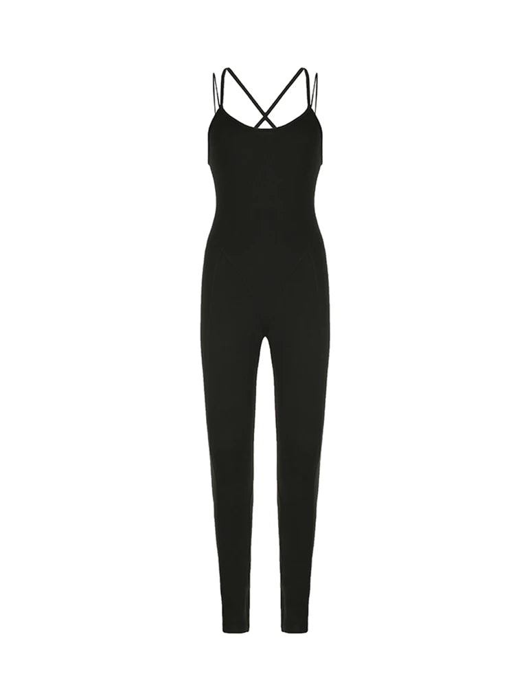 Cross Backless Cut Out Skinny Sleeveless Black Rompers Jumpsuit Sportswear