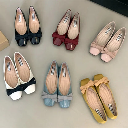 New Mary Jane Shoes Square Toe Flats Shallow Dress Shoe Butterfly Knot Patent Leather Soft Soled Ballet Shoes