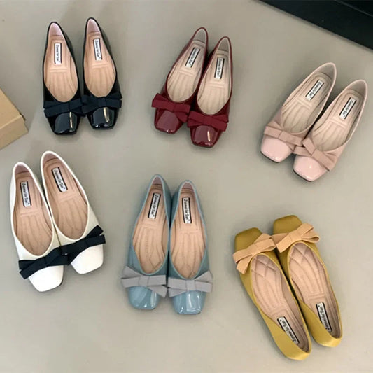 New Mary Jane Shoes Square Toe Flats Shallow Dress Shoe Butterfly Knot Patent Leather Soft Soled Ballet Shoes
