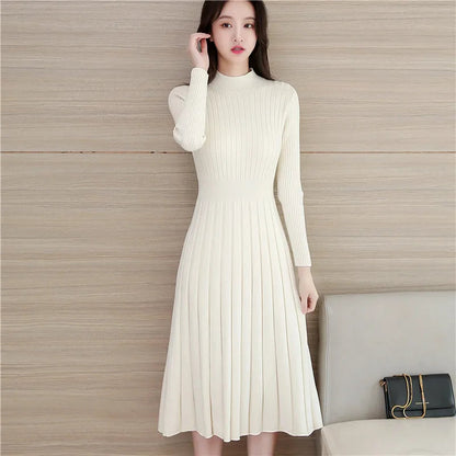 Autumn Winter O Neck Thick Maxi Knit Sweater Pullovers Dress Basic Aline Sweater Female Long Party Office Dresses