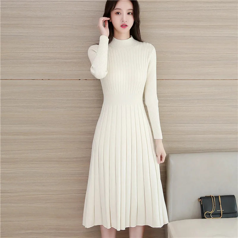 Autumn Winter O Neck Thick Maxi Knit Sweater Pullovers Dress Basic Aline Sweater Female Long Party Office Dresses