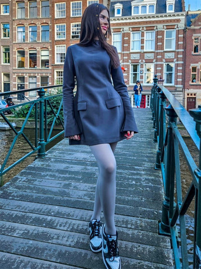 Female Autumn Mini Dress ’s Pocket Patchwork Slim Long Sleeve Commute Clothes Female Mini Dress