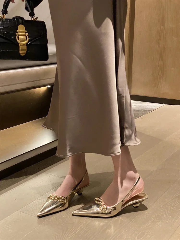 Metal Decoration Pointed Toe Pumps Thin Low Heels Sandals Dress Mules Shoes