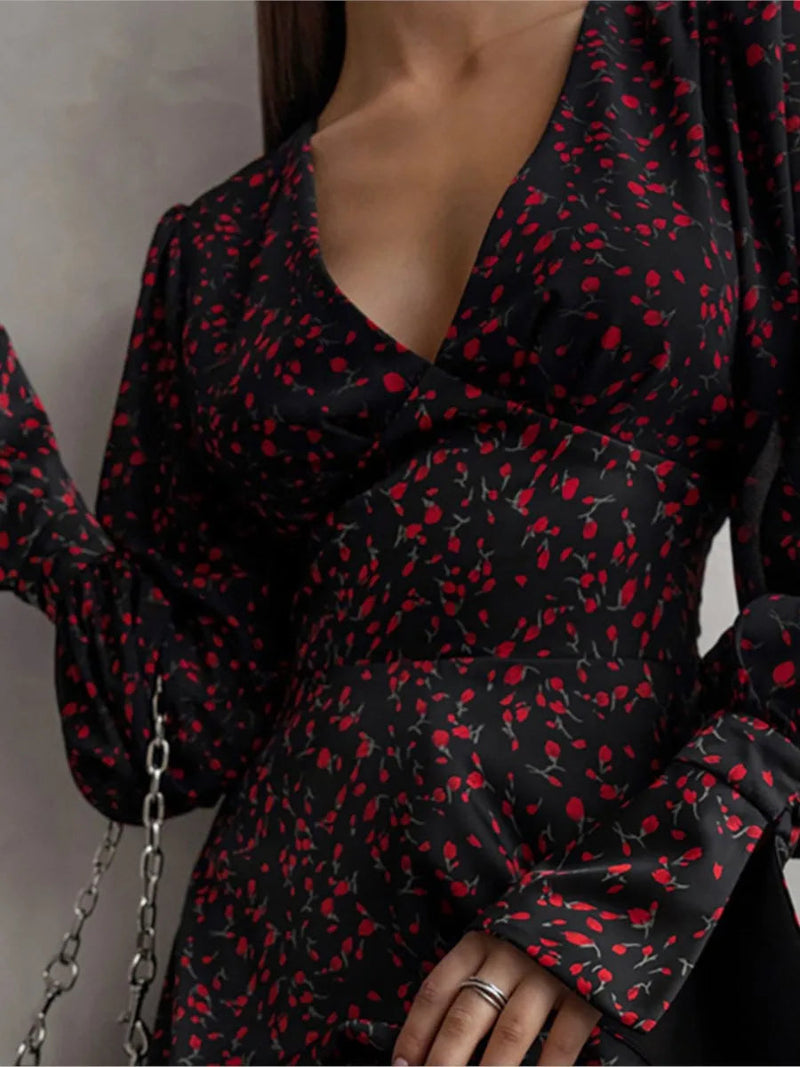 Printed Mini Dresses Deep V Neck Long Sleeve Waist Cinched Aline Vestidos Office Lady Dresses
