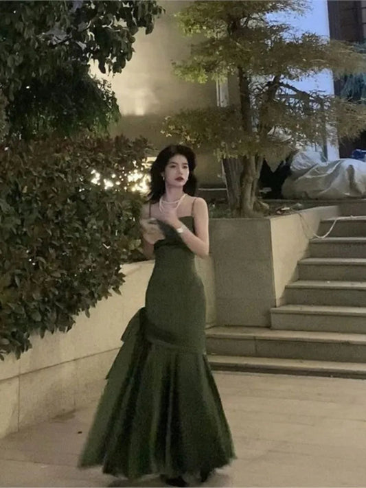 French Highend Design Sling Backless Waist Slimfit Bag Hip Pleated Bow Fishtail Long Dress Banquet Evening Dress