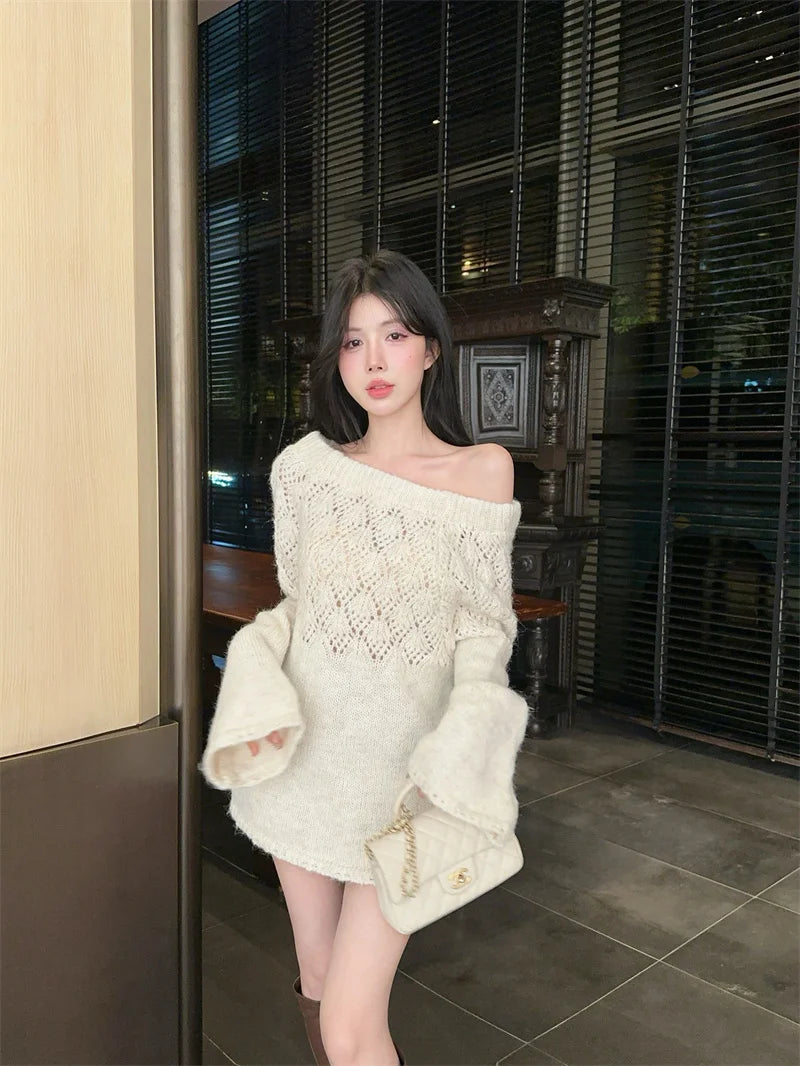 Sweet Hot Girl Pure Bow Laceup Sweater Autumn Hollowedout Slash Neck Loose Knitwear Female Clothes