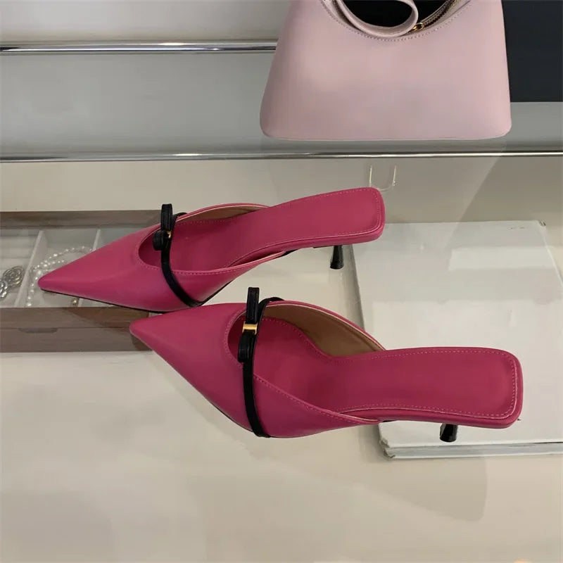 Spring Design Style Butterflyknot Woman Slippers Low Thin Heels Pointed Toe Shallow Mules Shoes
