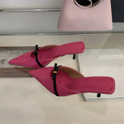 Spring Design Style Butterflyknot Woman Slippers Low Thin Heels Pointed Toe Shallow Mules Shoes