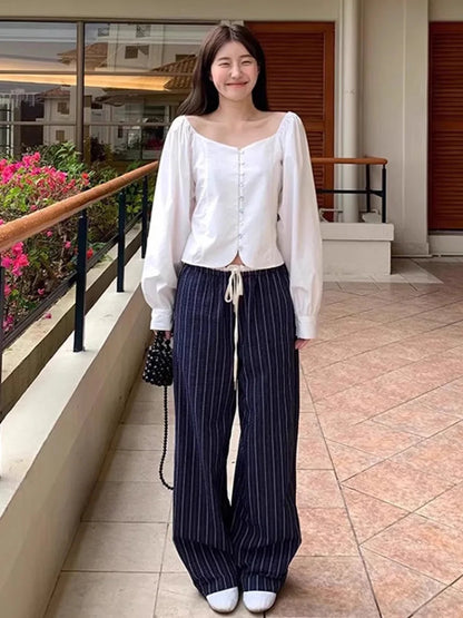 Mushroom Waist Splicing Lace Striped Spring Simple Niche Design Sense New High Waist Wide Leg Pants