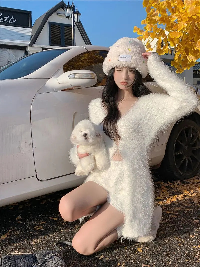 Sweet Hot Girl Pure Suit Autumn Knitted Cardigan High Waisted Slim Fit Shorts Twopiece Set Female Clothes