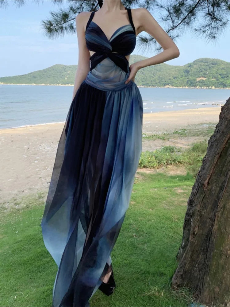 Halter Midi Dress Sleeveless Aline Party Beach Holiday Clothes Female Vestidos Robe