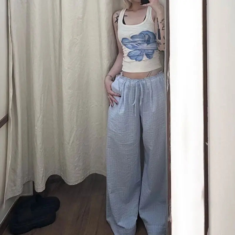 Summer Hot Retro American Lazy Style Straight Tube Loose Mid Low Waist Drawstring Plaid Pants