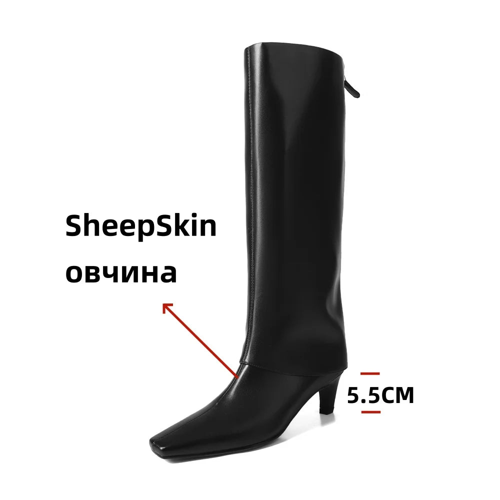 Ins Knee High Boots for Genuine Leather High Heels Winter Shoes Office Lady Long Booties