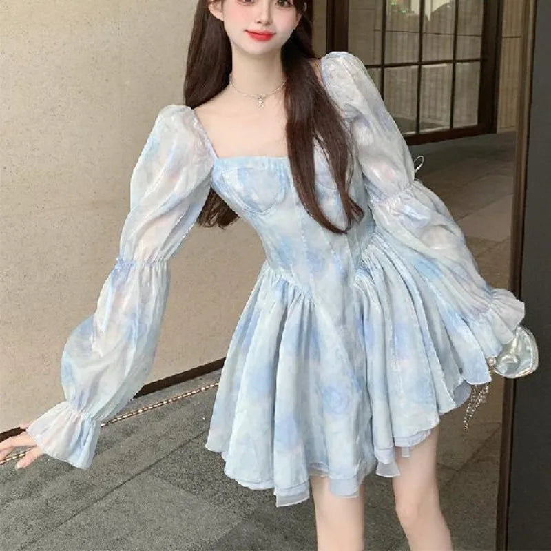 Spring Fall Aline Mini Dresses Blue Korean Vestidos Mujer Beach Style Sweet Print Dress