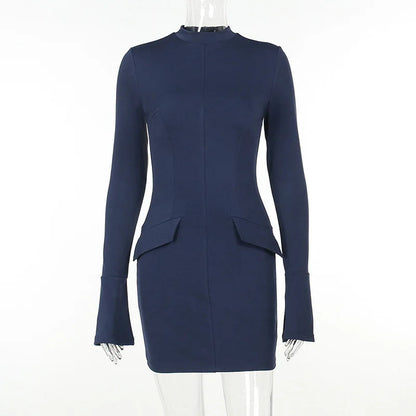 High Waist Mini Dress for Pocket Long Sleeve Bodycon Dresses New Party Club Dress Robes
