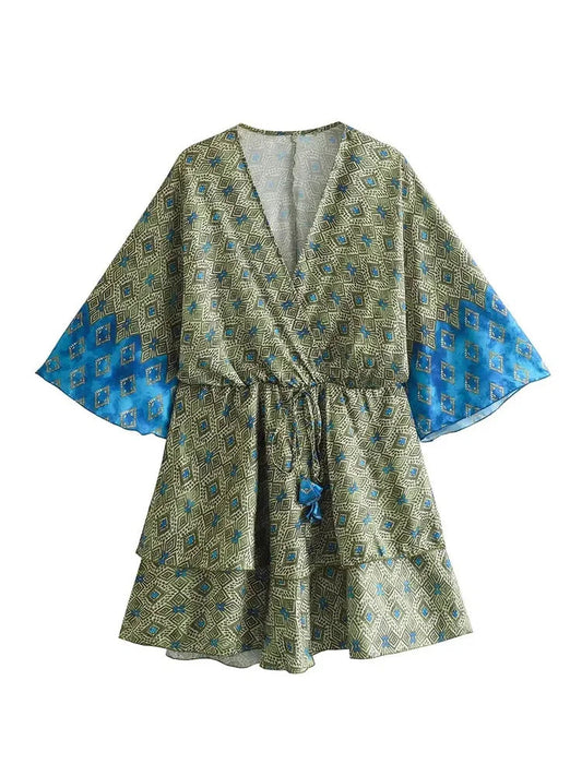 Summer Woman Print Vneck Mini Dress Short Sleeve Lace Up Dresses Female Slim Flounce Dress
