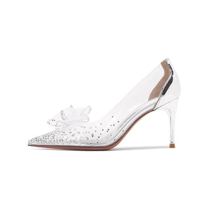 New Pointed Toe Stiletto High Heels Transparent Crystal Shoes Shallow Rhinestone Bow Exquisite Shoes