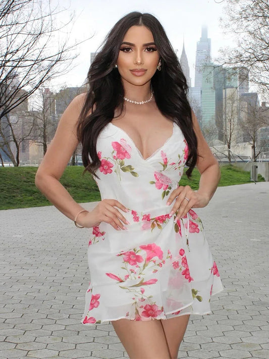 Summer Mini Dress Woman Print Vneck Slip Dresses Female Spaghetti Strap Laceup Slim Dress