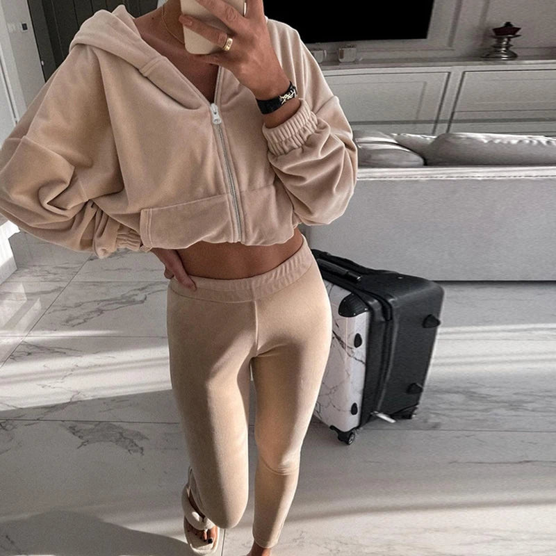 Fall Winter Soft Velvet Outfit Zipper Hooded Sweatshirt Coat+slim Pants Tracksuit Retro Long Sleeve Sports Suit Sets