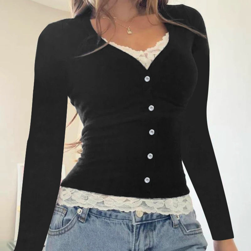 Y2k Contrast Lace Slim Top Autumn Long Sleeve Buttons T-shirt Knitted Outfits Sweet Korean Tee