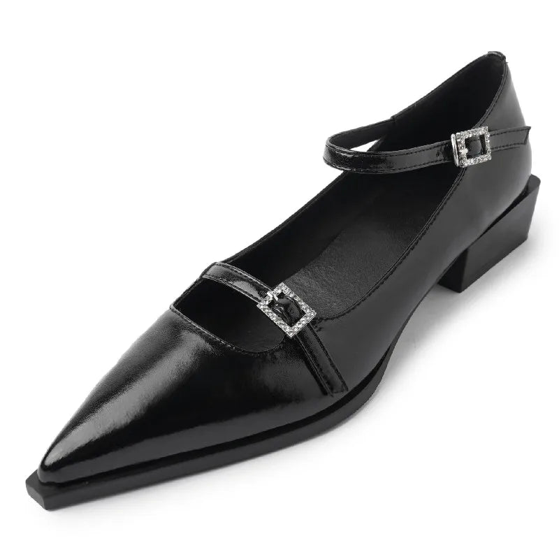 Low Heels Pointed Toe Pumps Genuine Leather Mary Janes Shoes Woman Office
