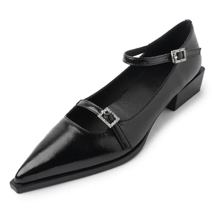 Low Heels Pointed Toe Pumps Genuine Leather Mary Janes Shoes Woman Office