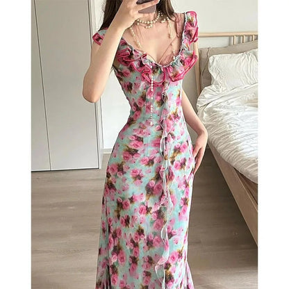 French Vneck Ruffle Dress for Summer New Unique Evening Party Dresses Vacation Style Waist Long Dress