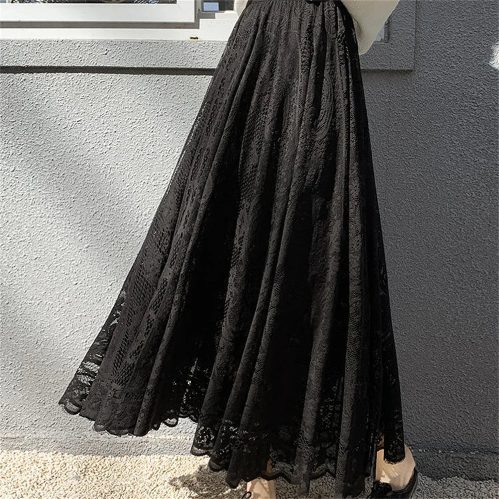 High Waist Hollow Out Female Maxi Skirts Spring Summer Lace Crochet Umbrella Long Skirts