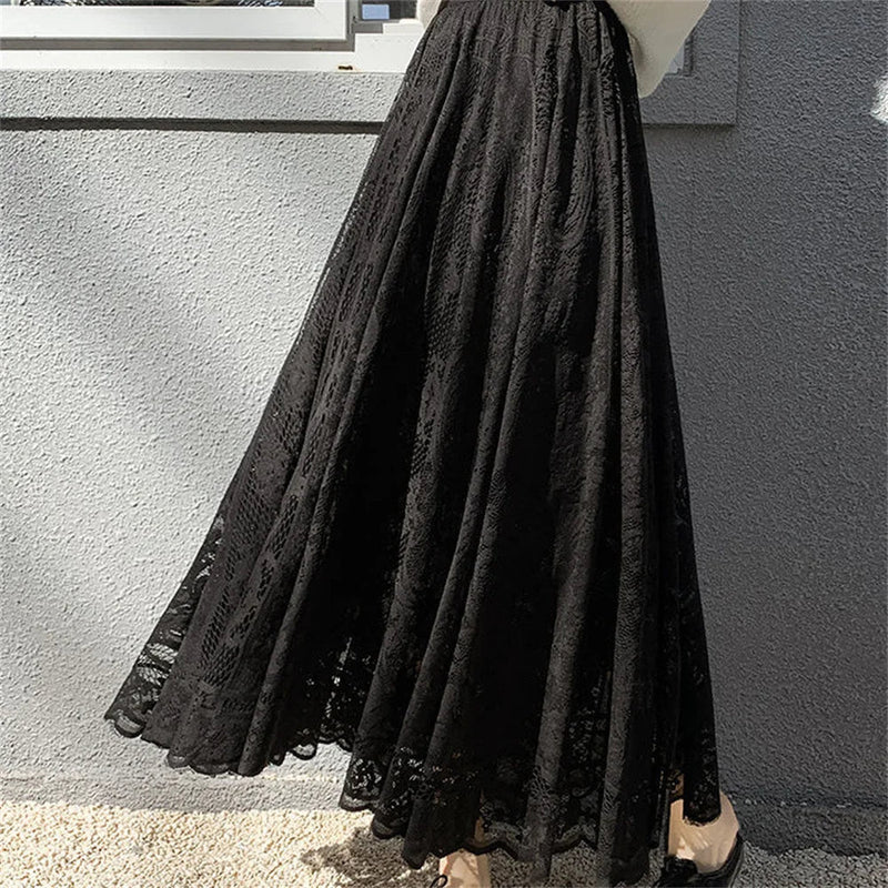 High Waist Hollow Out Female Maxi Skirts Spring Summer Lace Crochet Umbrella Long Skirts