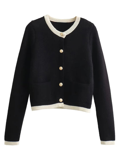 Patchwork Slim Sweater Cardigan for Woman Oneck Long Sleeve Single Breasted Sweaters Coat Allmatch Jumper