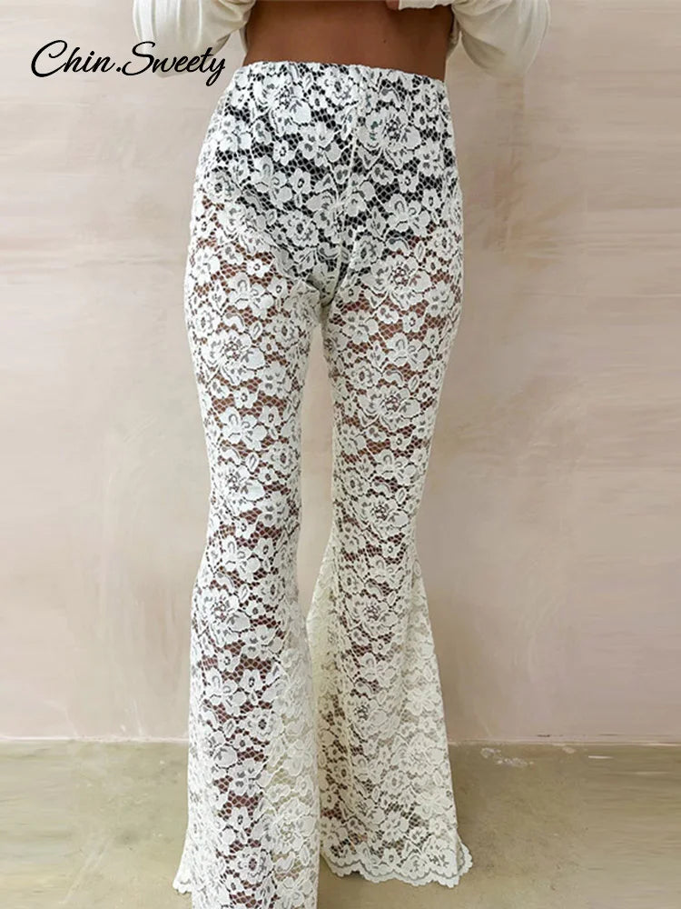 Lace Sheer Flare Pant Hollow Out Lady Vacation Long Trousers Female Spring Elastic High Waist New