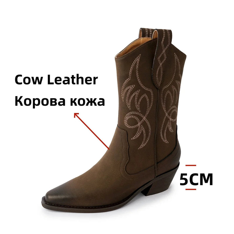 Embroidered Western Cowboy Boots for Autumn Pointed Toe Thick Heel Midcalf Boots Woman Leather Long Warm Shoes
