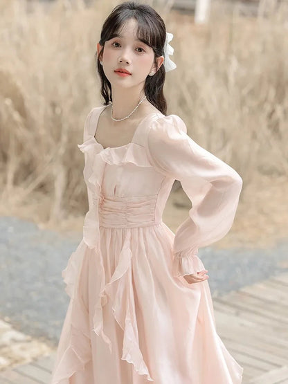 Pink Fairy Party Midi Dress Korean Style Sweet Vestidos Female Bubble Sleeve Evening Party Robe Autumn New