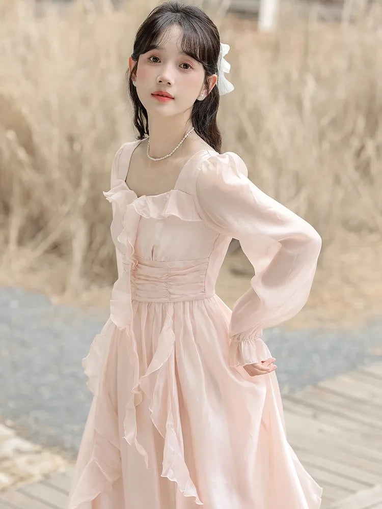 Pink Fairy Party Midi Dress Korean Style Sweet Vestidos Female Bubble Sleeve Evening Party Robe Autumn New