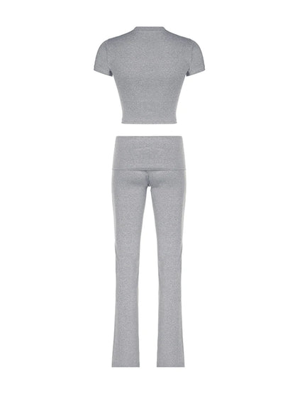 Gray Slim Basic Sports 2 Pieces Yoga Sets O Neck Short Sleeve Tee & Low Waist Skinny Pants Tracksuit S-xl