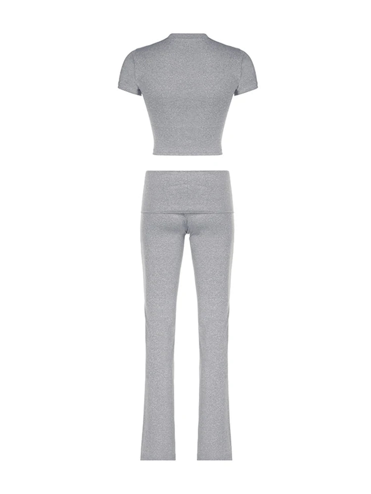 Gray Slim Basic Sports 2 Pieces Yoga Sets O Neck Short Sleeve Tee & Low Waist Skinny Pants Tracksuit S-xl