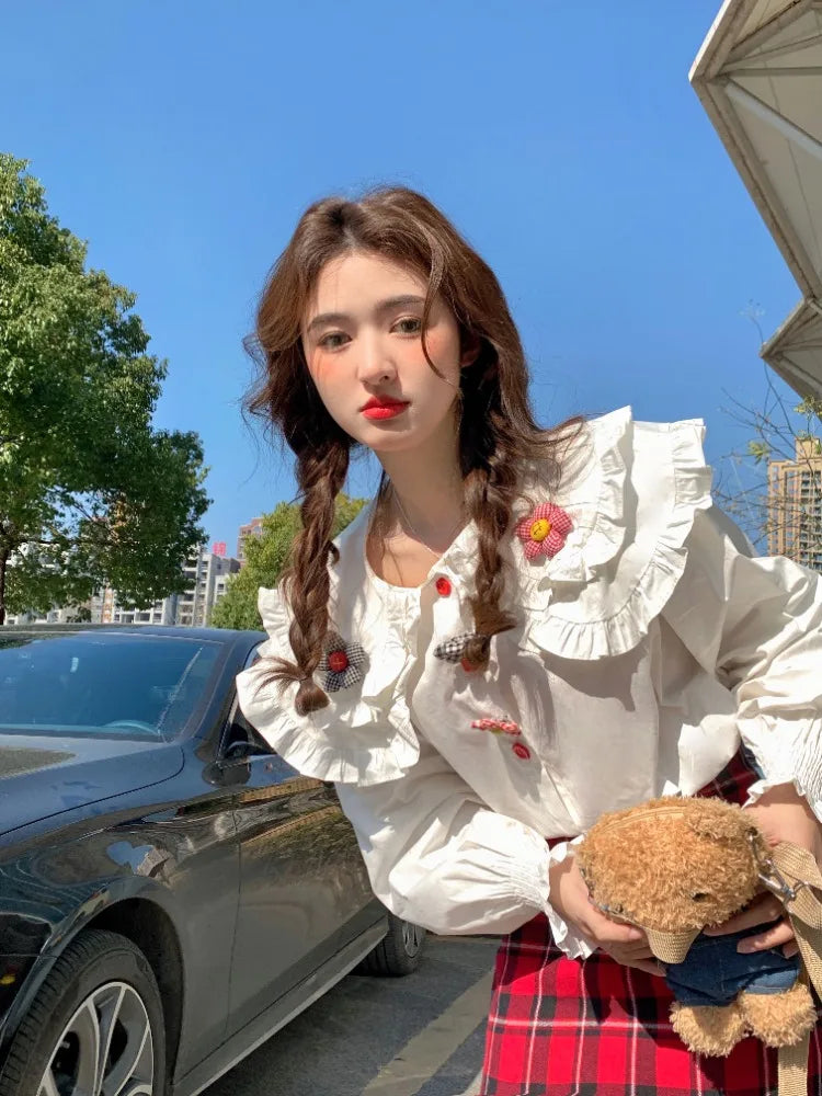 Sweet Clothing Korean Shirts Peter Pan Collar 3d Flower Tops Spring Blouse