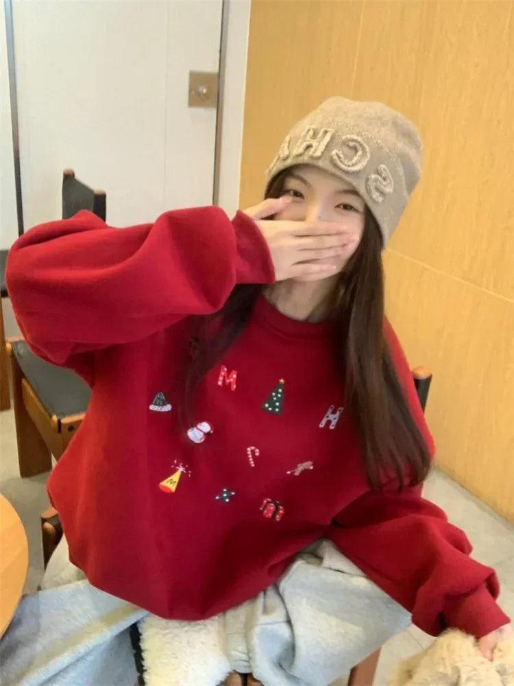 Snowman Graphic Print Hoodie Christmas Kawaii Oversized Sweatshirts Long Sleeve Cutecore Winter Clothes New