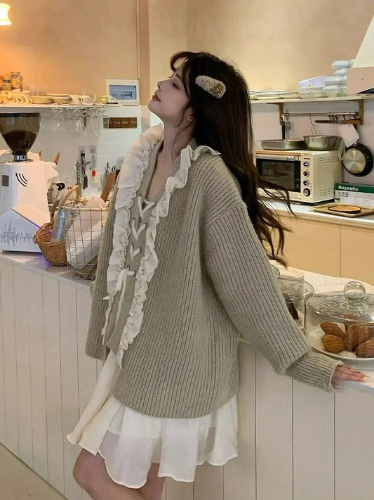 Knitted Sweater Lace Bandage Ruffles V Neck Loose Stretch Loose Pullover Autumn Winter Female Jumper