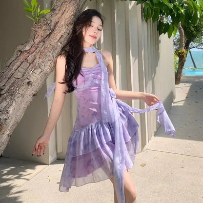 Summer Purple Print V Neck Backless Vacation Short Dresses Club Slim High Waist Pleated Slip Long Dress