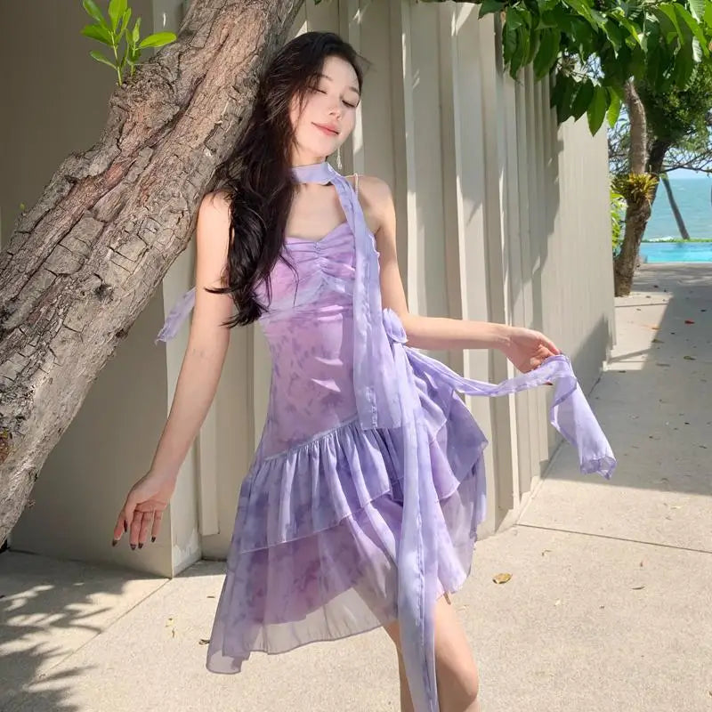 Summer Purple Print V Neck Backless Vacation Short Dresses Club Slim High Waist Pleated Slip Long Dress