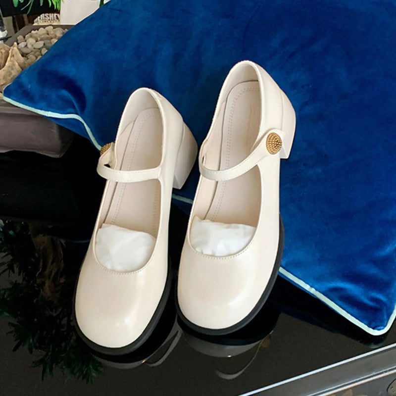 Lolita Shoes Beige High Heels Brief Pumps Round Toe Chunky Sandals Laceup Slip on Clogs for Shallow Mouth Mary Jane Sprin