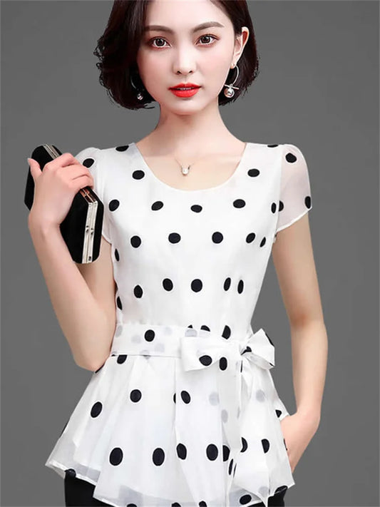 Summer Style Chiffon Blouses Shirts Lady Short Sleeve O-neck Polka Dot Printed Blusas Tops Df2824